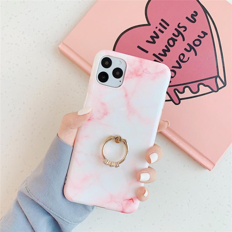 Voor iPhone 11 Pro TPU Glad Marmer met Ring Metal Rijnsteen Bracket Mobile Phone Beschermhoes (Snowflake Powder Q2)