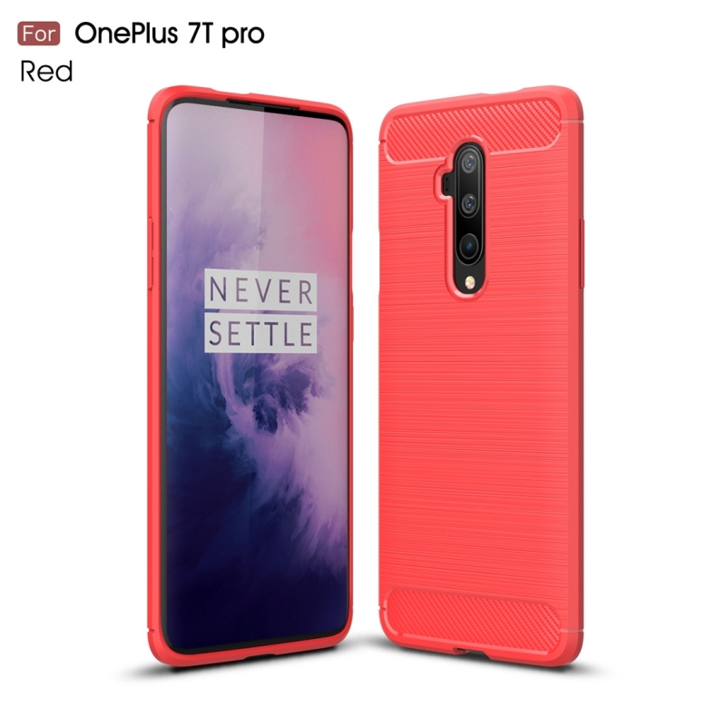 Voor Oneplus 7T Pro geborsteld textuur koolstofvezel TPU case (rood)