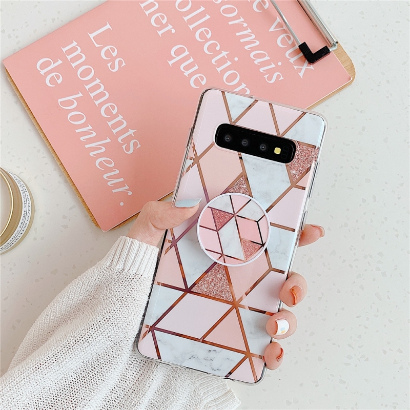 Voor Galaxy S10 plus plating kleurrijke geometrische patroon mozaïek marmer TPU mobiele telefoon geval met opvouwbare beugel (roze PF1)