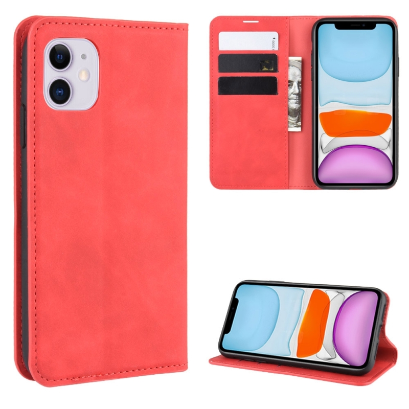 Voor iPhone 11 retro-Skin Business magnetische zuignap leergeval met portemonnee-beugel-Chuck (rood)