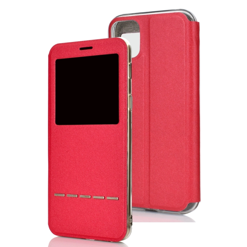 Voor iPhone 11 matte textuur horizontale Flip beugel mobiele telefoon holster venster met beller-ID en metalen knop dia te ontgrendelen (rood)