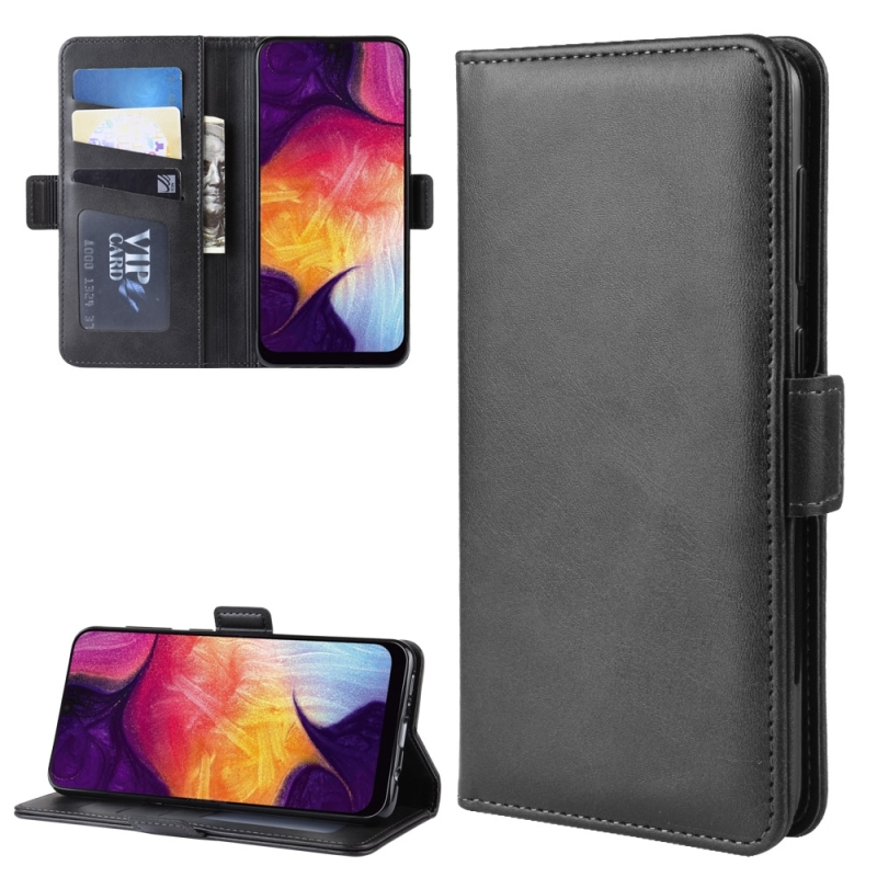 Voor Galaxy A50/A30s/A50s dubbele gesp Crazy Horse zakelijke mobiele telefoon holster met kaart portemonnee beugel functie (zwart)