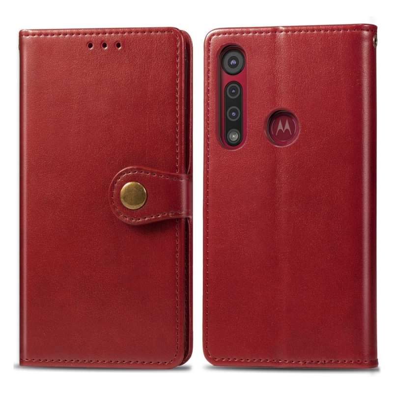 Voor Motorola Moto G8 Play Retro Solid Color Leather Buckle Phone Case met Lanyard & Photo Frame & Card Slot & Wallet & Stand Function(Red)
