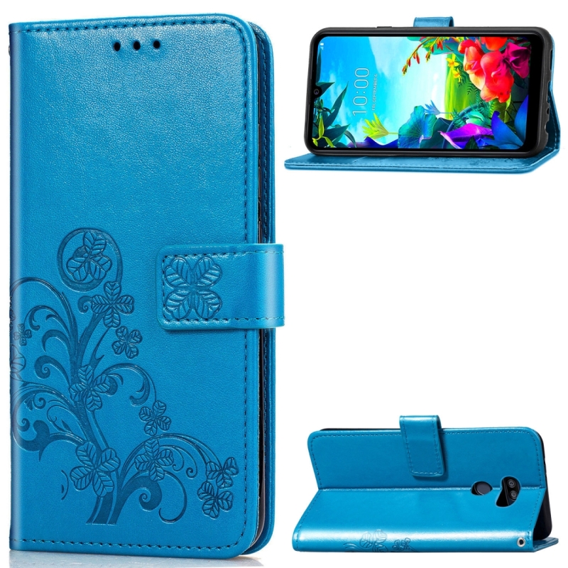 Voor LG K40S vier-blad clasp reliëf gesp mobiele telefoon bescherming lederen draagtas met Lanyard & kaartsleuf & portemonnee & beugel functie (blauw