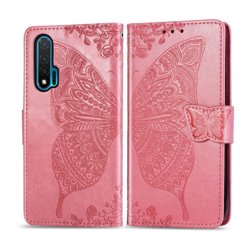Voor Huawei Nova 6 Butterfly Love Flower Embossed Horizontal Flip Lederen Hoes met beugel / Card Slot / Wallet / Lanyard (Roze)