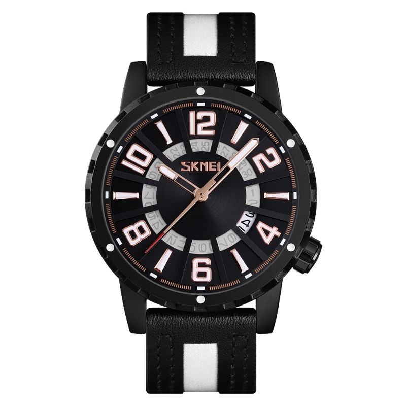 Skmei 9202 Watch Men Business Leisure Sportkalender Real Leather Strap Watch (Zwart Wit)