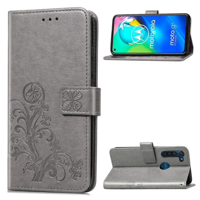 Voor Moto G8 Power Vierbladige gesp in reliëf Gesp Mobiele telefoon beschermhoes met Lanyard & Card Slot & Wallet & Bracket Functie(Grijs)