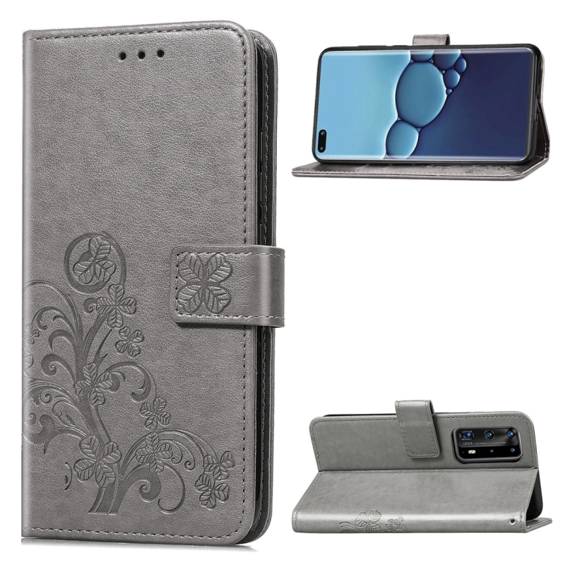 Voor Huawei P40 Pro Vierbladige gesp reliëf gesp mobiele telefoon bescherming lederen case met Lanyard & Card Slot & Wallet & Bracket Functie(Grijs)