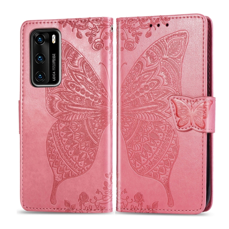 Voor Huawei P40 Butterfly Love Flower Embossed Horizontale Flip Lederen Case met Beugel / Card Slot / Wallet / Lanyard (Roze)