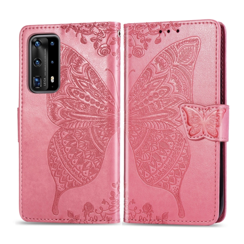 Voor Huawei P40 Pro Butterfly Love Flower Embossed Horizontal Flip Lederen Hoes met beugel / Card Slot / Wallet / Lanyard (Roze)