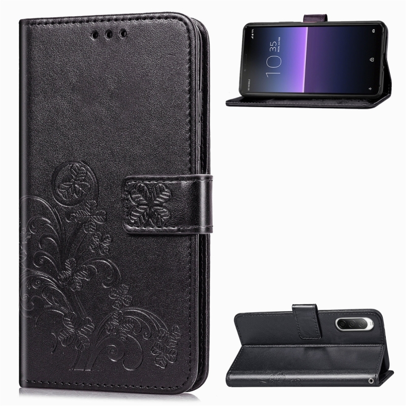 Voor Sony Xperia 10 II Vierbladige gesp reliëf gesp mobiele telefoon bescherming lederen case met Lanyard & Card Slot & Wallet & Bracket Functie(Zwar
