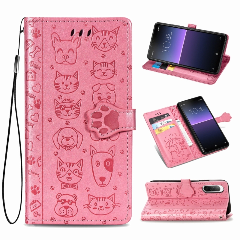 Voor Sony Xperia 10 II Cute Cat en Dog Embossed Horizontale Flip Lederen Case met bracket / card slot / Wallet / Lanyard(Pink)