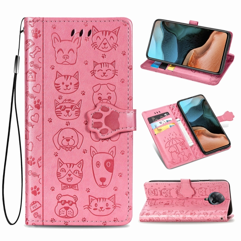 Voor Xiaomi Redmi K30 Pro Cute Cat and Dog Embossed Horizontal Flip Leather Case met Bracket / Card Slot / Wallet / Lanyard(Pink)