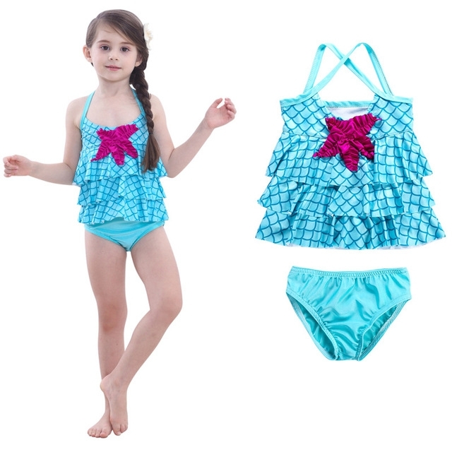 Baby meisje zeemeermin Ruffle Floral Beach zwemkleding Bikini ingesteld Size:90(blue)