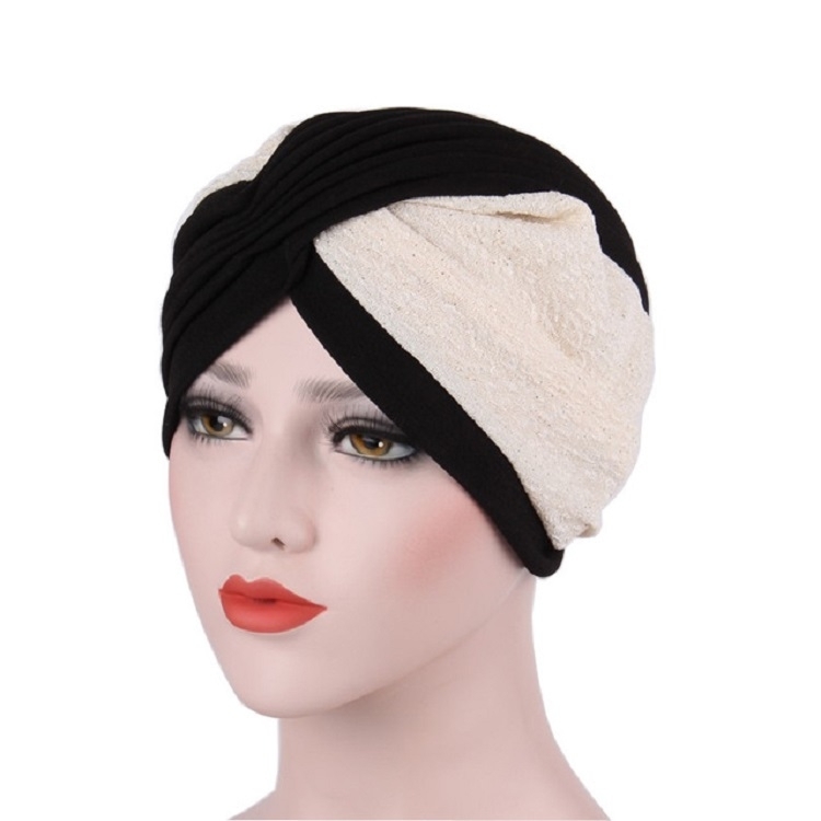 Vrouwen eenvoudige tweekleurige spliced plooien tulband hoedenmuts grootte: verstelbaar (zwart)