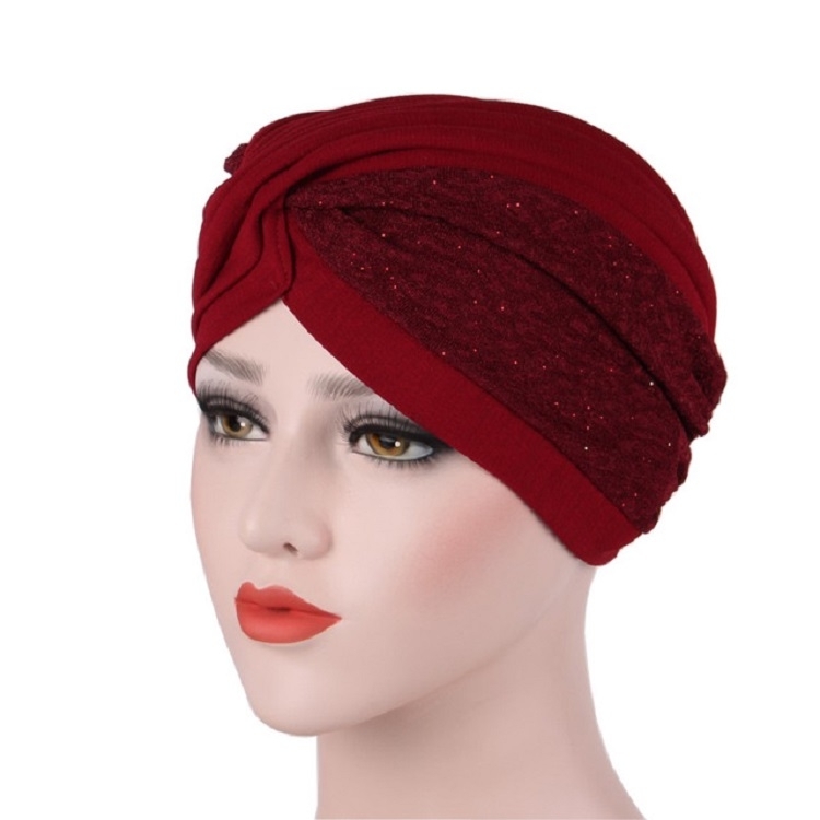 Vrouwen eenvoudige tweekleurige spliced plooien tulband hoedenmuts grootte: verstelbaar (rode wijn)