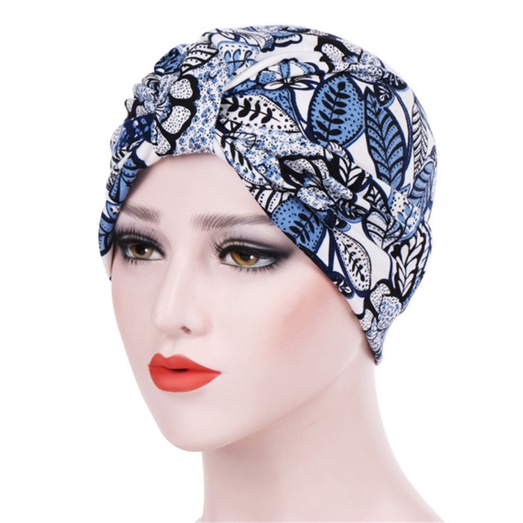 Vrouwen Floral Cotton Turban Hat Wrap Cap Maat: M(56-58cm)(Blauwe bladeren)