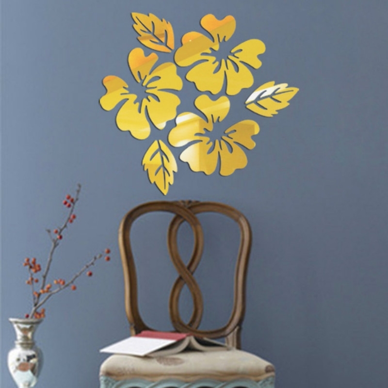2 sets bloem patroon muur sticker Home decor 3D muur sticker Art DIY spiegel muur stickers woonkamer decoratie (goud)