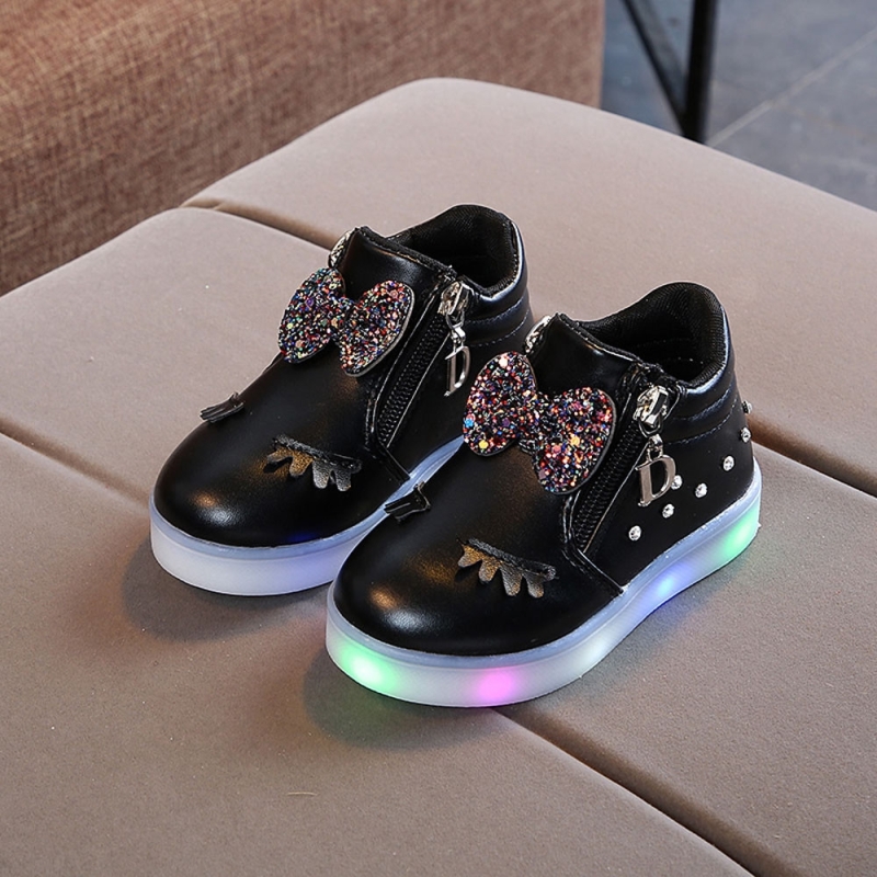 Kinderschoenen Baby Infant Girls Eyelash Crystal Bowknot LED Luminous Boots Sneakers Maat:30 (Zwart)