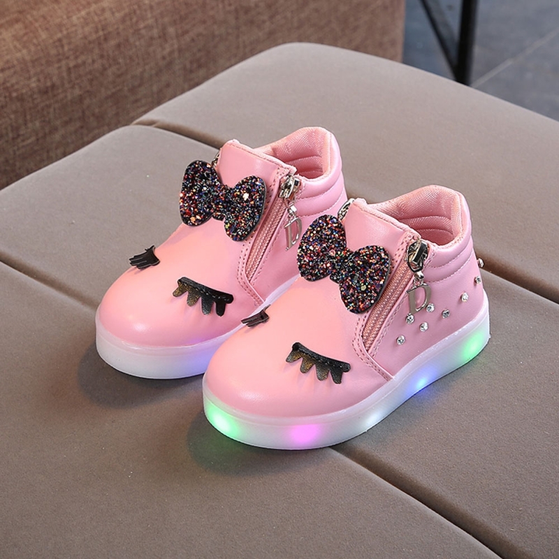 Kinderschoenen Baby Infant Girls Eyelash Crystal Bowknot LED Luminous Boots Sneakers Maat:30 (Roze)