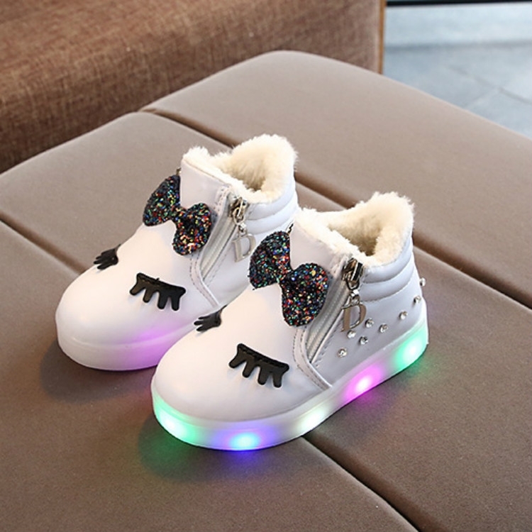 Kinderschoenen Baby Infant Girls Eyelash Crystal Bowknot LED Luminous Boots Sneakers Maat:30 (Wit met katoen)