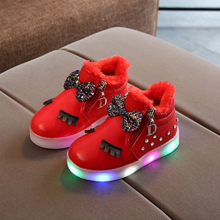Kinderschoenen Baby Infant Girls Eyelash Crystal Bowknot LED Luminous Boots Sneakers Maat:30 (Rood met katoen)