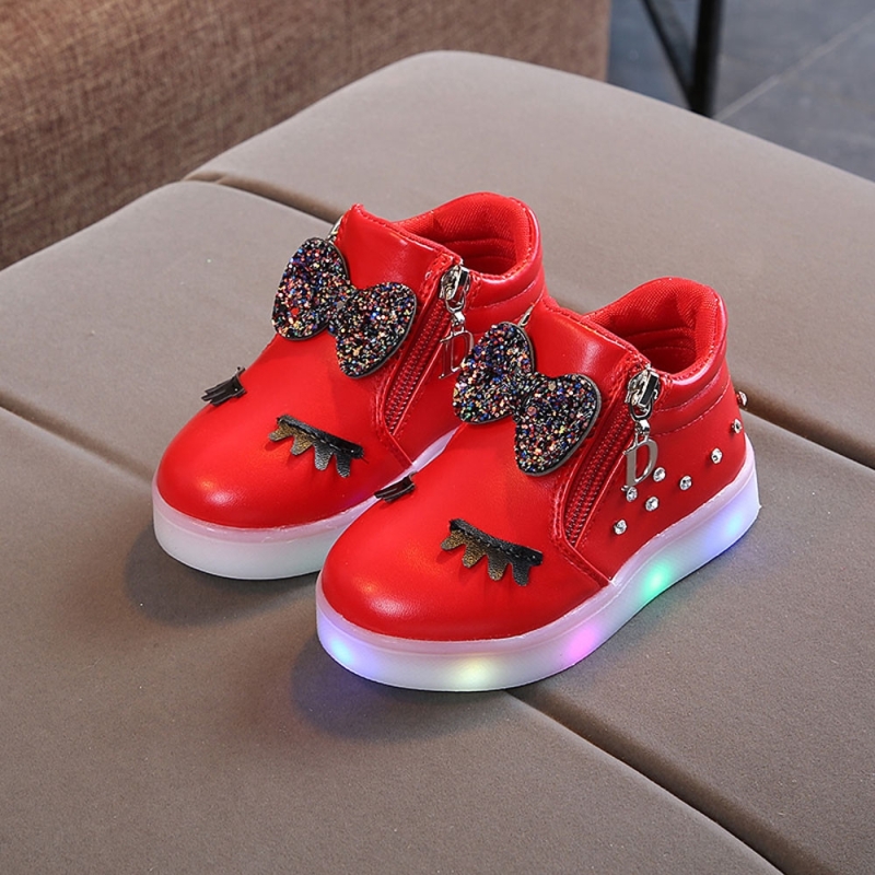 Kinderschoenen Baby Infant Girls Eyelash Crystal Bowknot LED Luminous Boots Sneakers Maat:34 (Rood)