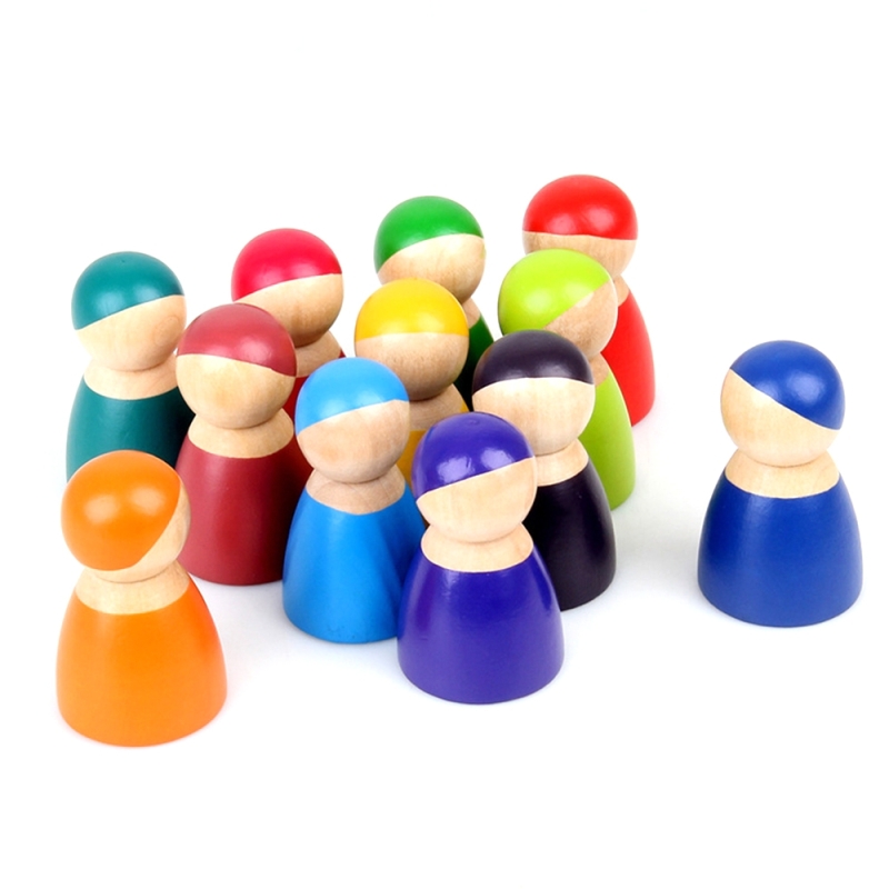12 stuks/set regenboog kleur onderwijs leren kinderen houten poppen blok speelgoed