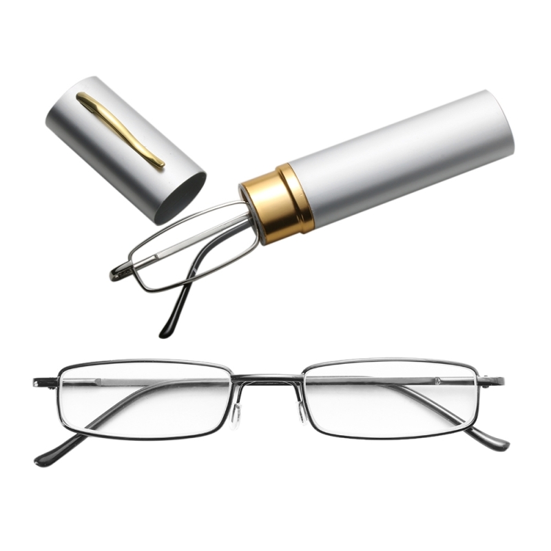 Leesbrillen metalen voorjaar voet draagbare Presbyopic glazen met buis geval + 3.00 D (zilver grijs)