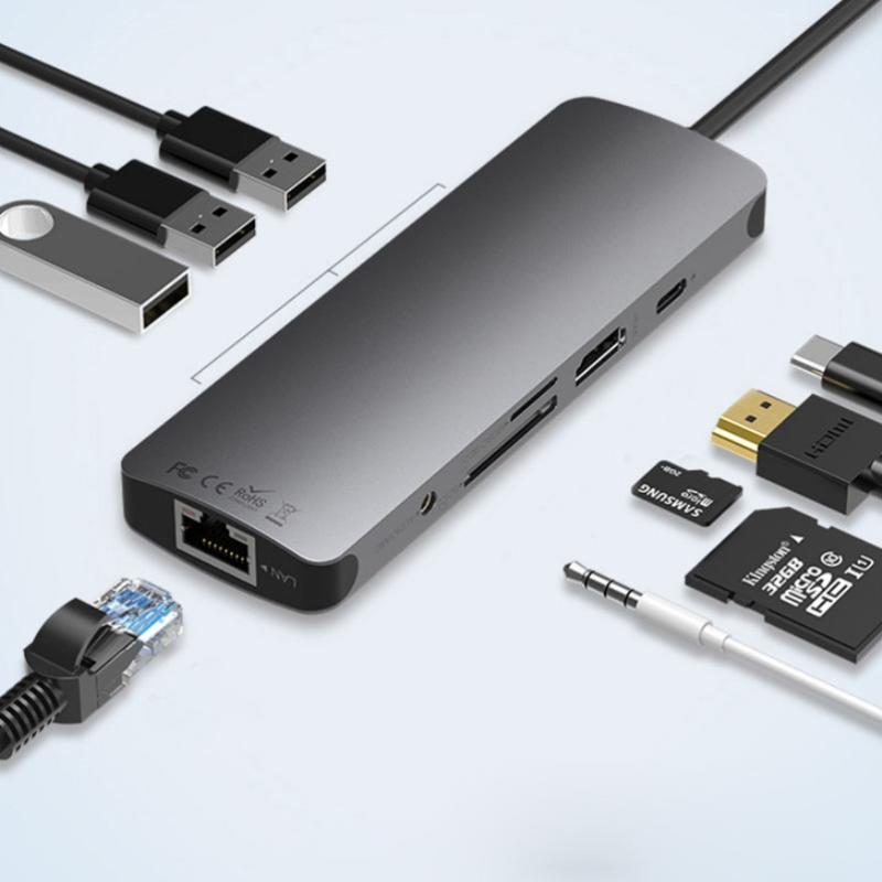 Mirascreen TC18 9 in 1 USB-C / Type-C naar USB 3.0+ Gigabit Ethernet-poort + HDMI + TF-kaartsleuf + SD-kaartsleuf + audio-interface + USB-C / Type-C-o