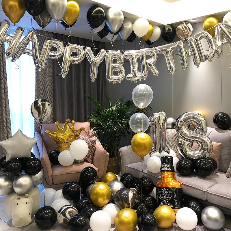 Happy Birthday Girl Boy Aluminium Film Balloon Scene Decoratie Set Achtergrond Muur Decoratie Volwassen Party Decoratie Supplies (Zilver)