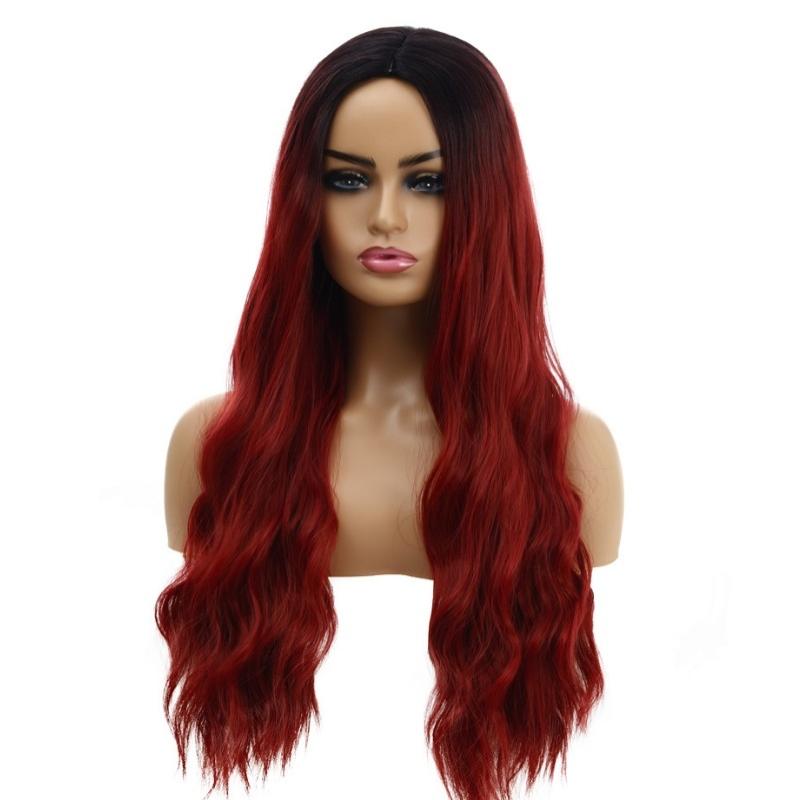 Dames Golvende krullend haar Pruik Gradiënt Long Curly Hair Wig (WIG-345I (Wine Red))