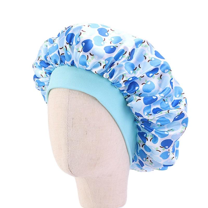 3 PCS K-14 Kinderen gedrukt Satin Nightcap verstelbare Stretch Hair Care Hat douche cap grootte: One Size (Apple Blue)