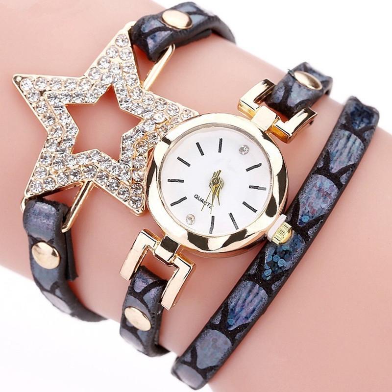 3 STUKS Dames Vijf-puntige Ster Heldere Lederen Riem Quartz Horloge Armband Horloge (Zwart)