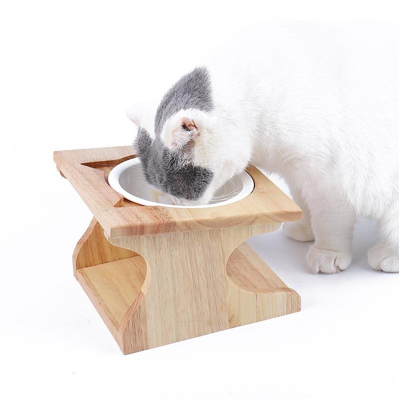 Oak Cat Bowl Rack Hellende Anti-Choking Keramische Cat Bowl (Single Bowl)