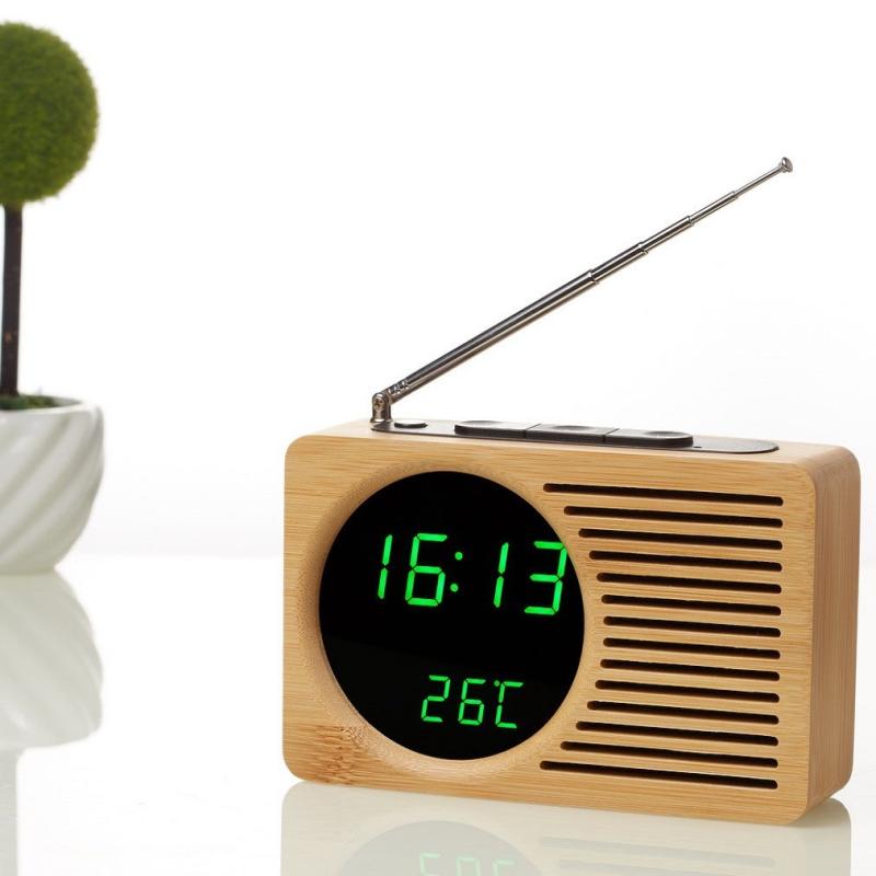 Horizontale Strip Bamboo Mirror Green Light Multifunctioneel Retro Radio Houten Wekker Dempen elektronische klok