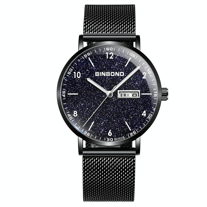 BINBONG B3820 Mannen Eenvoudige Lichtgevende Quartz Horloge Student Trendstarry Starry Sky Pattern Watch (Black Mash Black Shell White Nails)