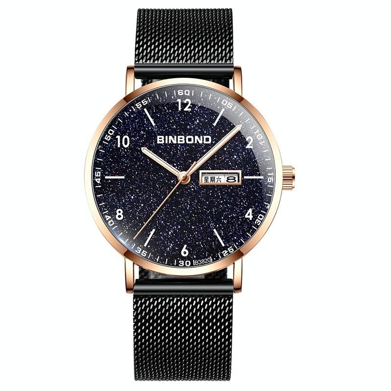 BINBONG B3820 Mannen Eenvoudige Lichtgevende Quartz Horloge Student Trendstarry Starry Sky Patroon Horloge (Black Mash Rose Shell Rose Gold Nails)