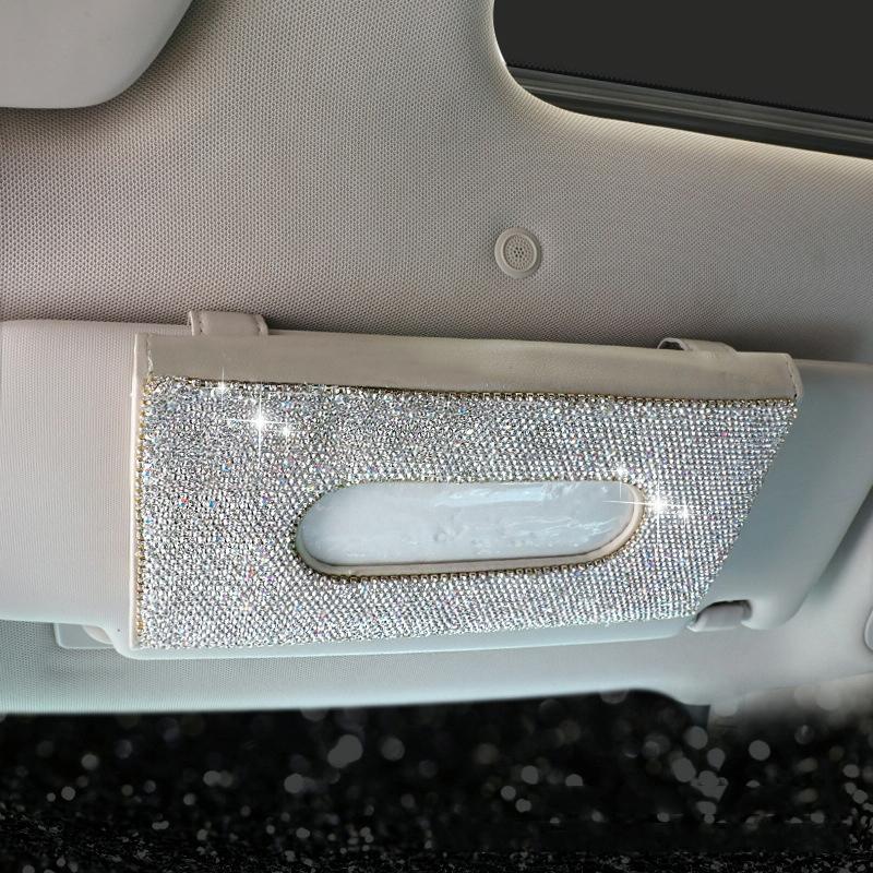 Auto tissue box auto hangende zon vizier pompen doos (beige witte diamanten)