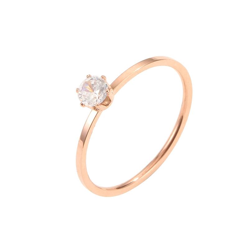 3 PCS Very Fine Six-Claw Single Diamond Ring Diamond-Set Titanium Steel Women Ring Size: US Size 7(Rose Gold)
