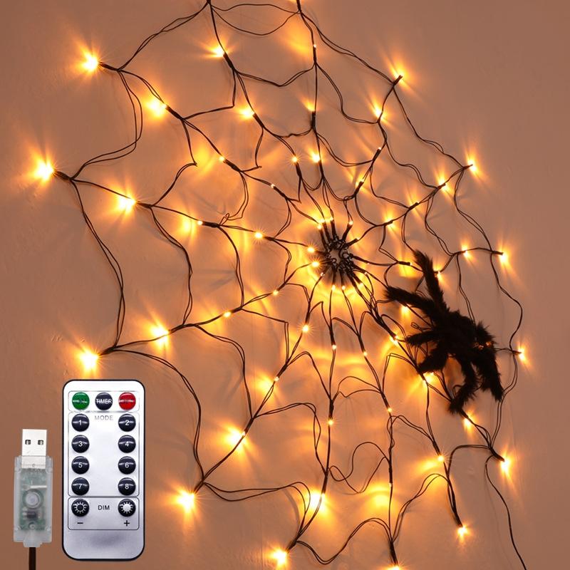 LED Spider Web Lamp met afstandsbediening Halloween-sfeer Decoratie Props Power: USB-IN