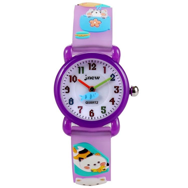 JNEW A335-86192 Kinderen 3D Siliconen Cute Cartoon Scheming Cat Waterproof Quartz horloge (Paars)