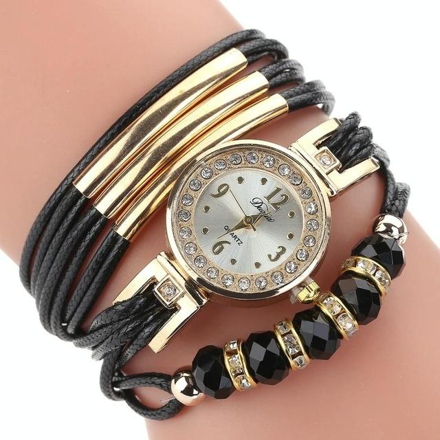 Lederen riem Strass cirkel armband quartz horloge voor vrouwen (zwart)