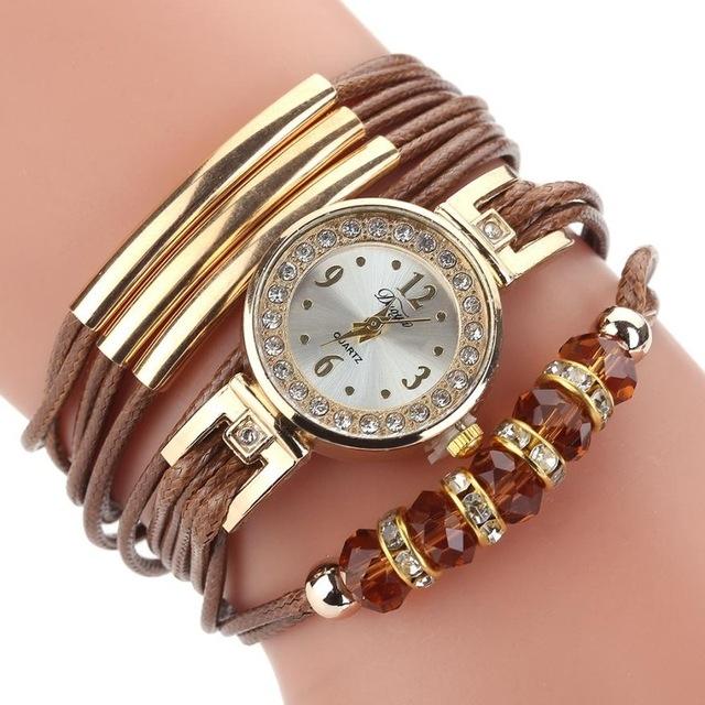 Lederen riem Strass cirkel armband quartz horloge voor vrouwen (bruin)