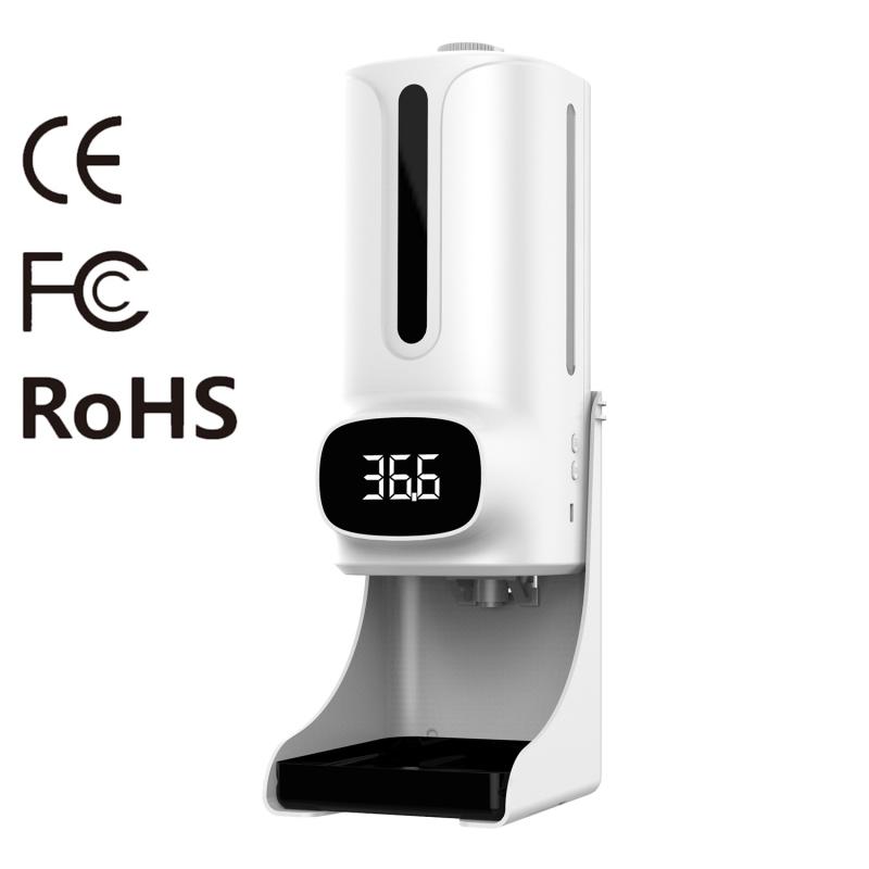 K9 PRO PLUS Handsfree Niet-contact Body Thermometer + 1000ml Automatische niet-contact Vloeibare zeepdispenser met basisbevestiging 15 talen spraakui