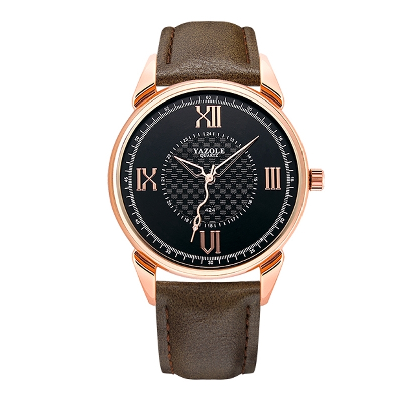 YAZOLE 424 mannen Fashion Business PU lederen Band Quartz Wrist Watch lichtgevende punten (zwarte wijzerplaat + bruine band)
