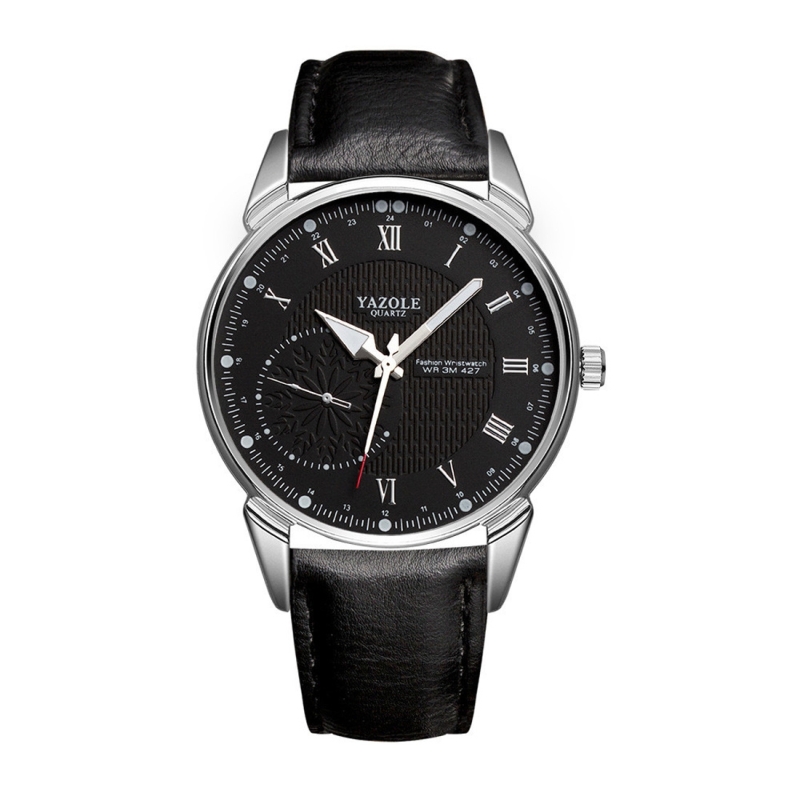 YAZOLE 427 mannen Fashion Business PU lederen Band Quartz Wrist Watch lichtgevende punten (zwarte wijzerplaat + zwarte band)