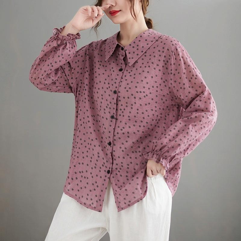 Cotton Linen Dot Doll Collar Shirt (kleur: roze maat: XXL)