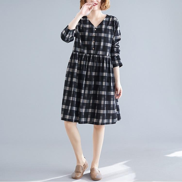 Groot formaat los op zoek naar dunne westerse stijl mid-length plaid jurk (kleur: zwart formaat: M)