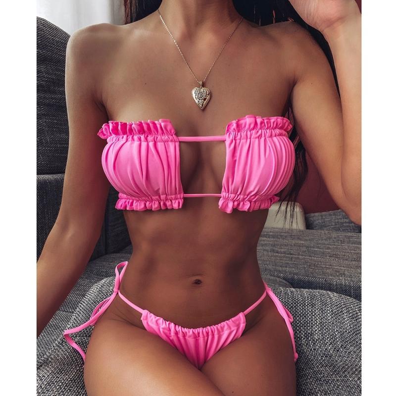 2 in 1 dubbellaagse nylon geplooide tube top bikini dames split badpak set (kleur: roze maat: L)